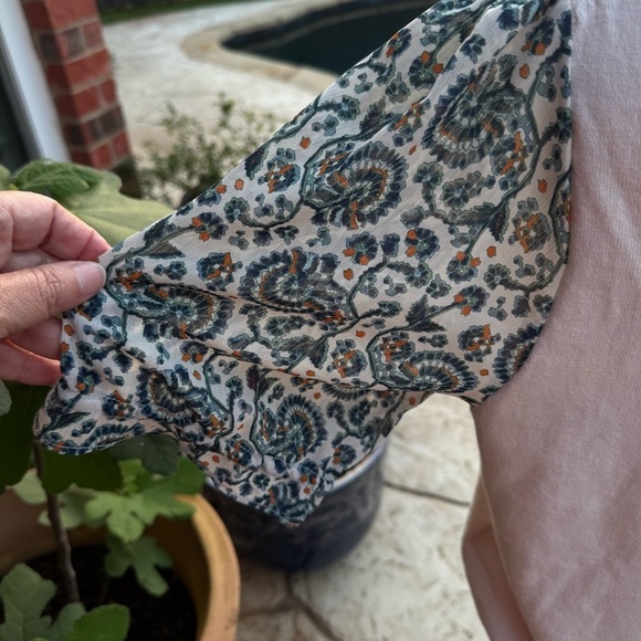 J. Crew Factory Mixed Media Cream for Knit Top with Blue Paisley Sleeves - Picture 3 of 10